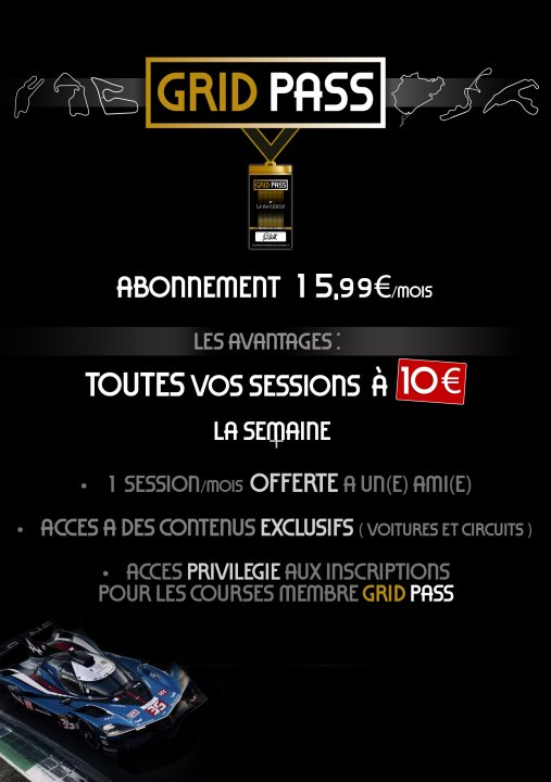 Le Grid Pass est notre offre d'abonnement à 15,99€ qui vous fait bénéficier de pleins d'avantages ! Comme des sessions à 10€ toute la semaine ! 
