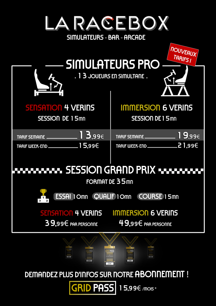 Grille de tarif pour les sessions de simulateur 