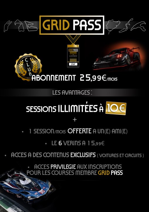 Le Grid Pass CLUB est notre offre d'abonnement à 25,99€ pour nos fidèles les plus assidus ! Nous vous récompensons en vous permettant d'avoir toutes vos sessions à 10€ en illimité ! 