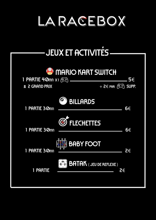Tarif autre activités, billards, babyfoot, fléchettes et bataks