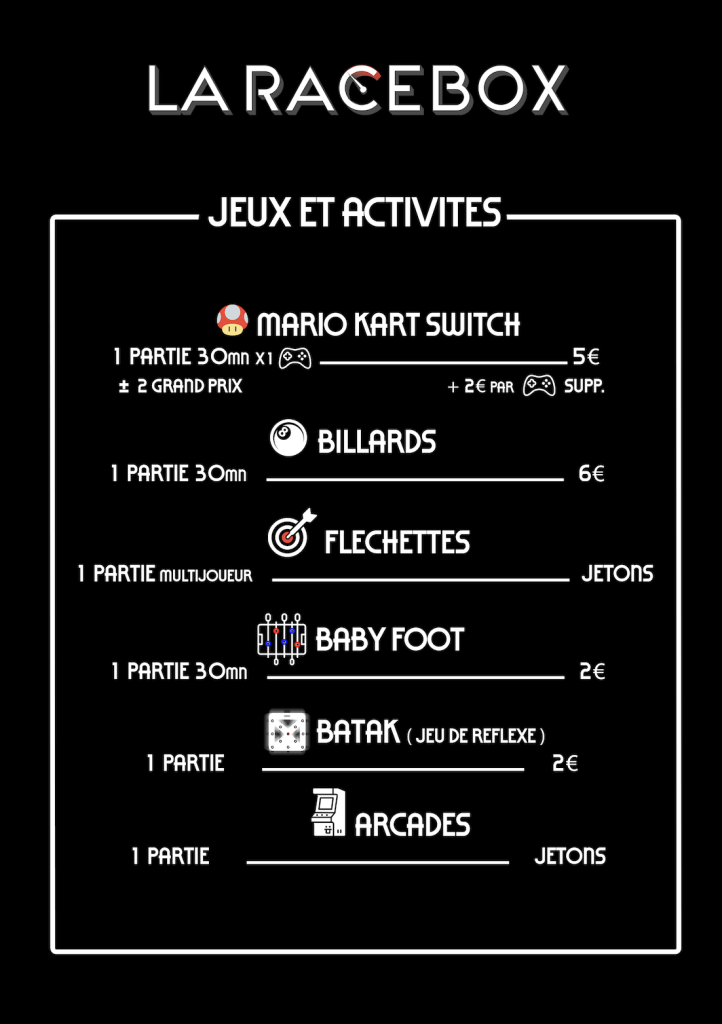 Tarif autre activités, billards, babyfoot, fléchettes et bataks